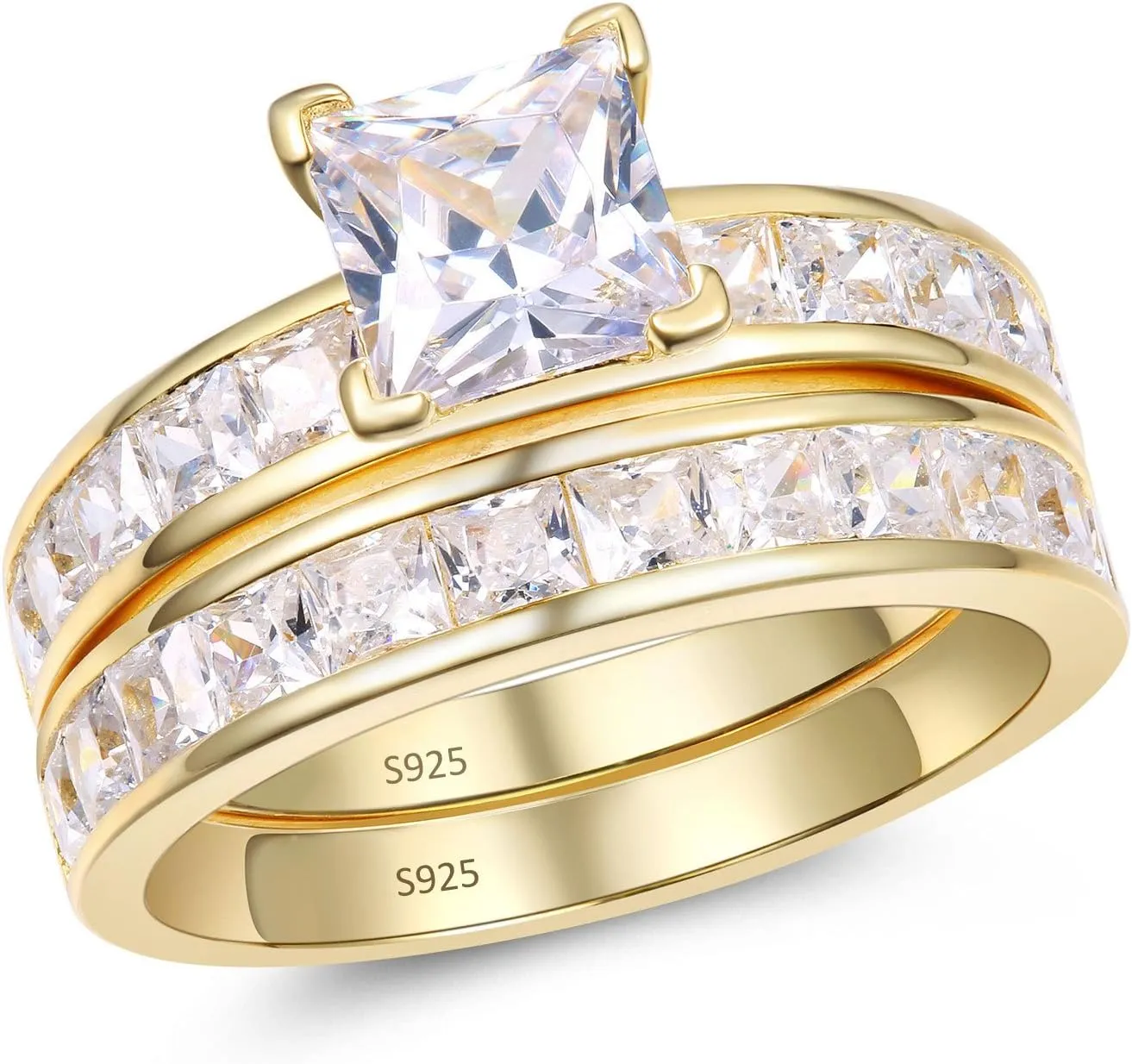 MABELLA Gold Plated Couples Ring Women Wedding Sets Sterling Silver Princess CZ Men Stainless Steel Bands