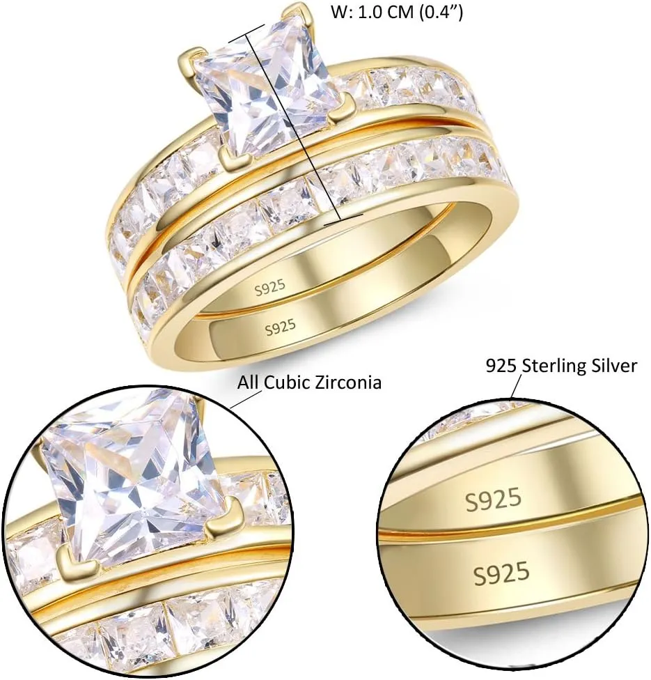 MABELLA Gold Plated Couples Ring Women Wedding Sets Sterling Silver Princess CZ Men Stainless Steel Bands