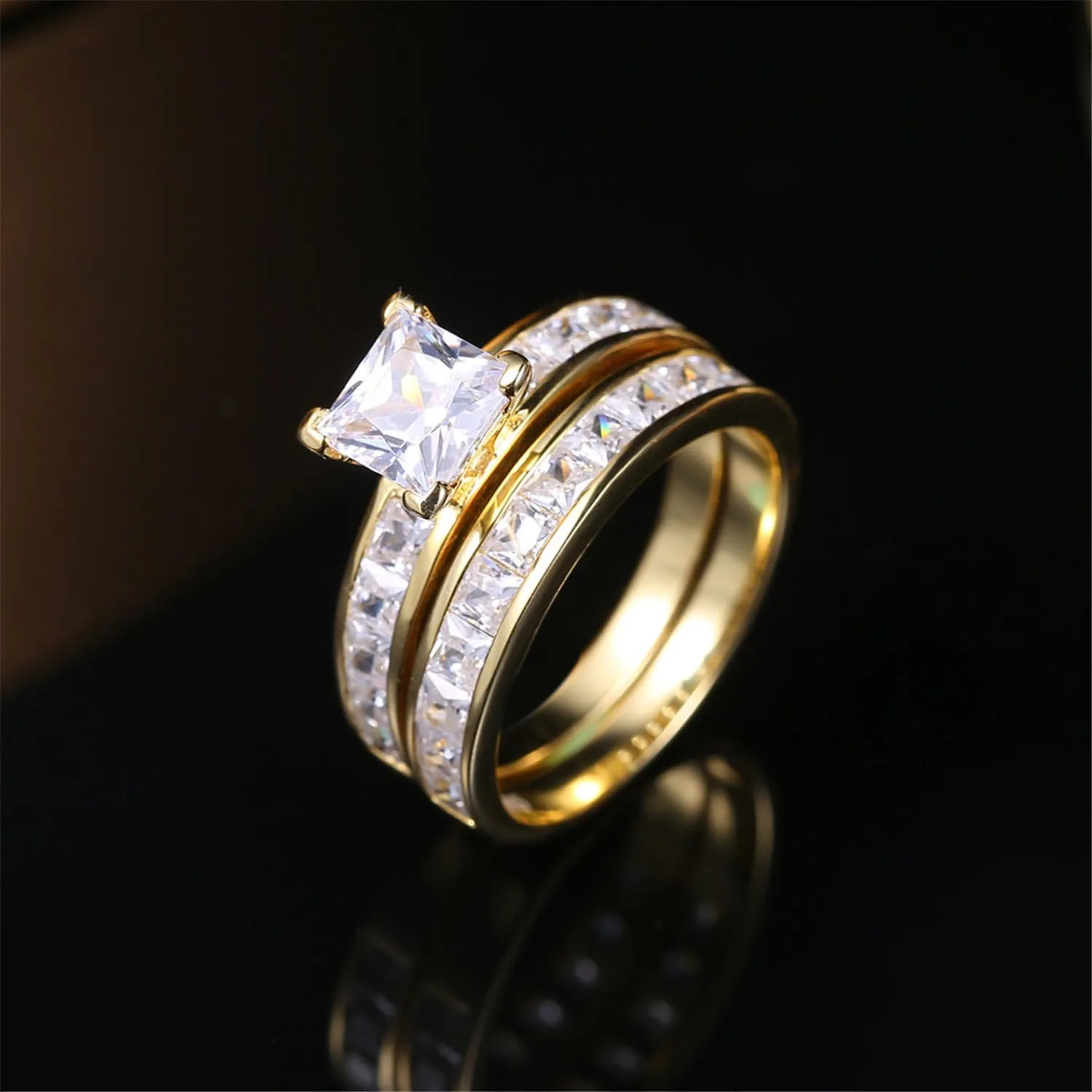 MABELLA Gold Plated Couples Ring Women Wedding Sets Sterling Silver Princess CZ Men Stainless Steel Bands