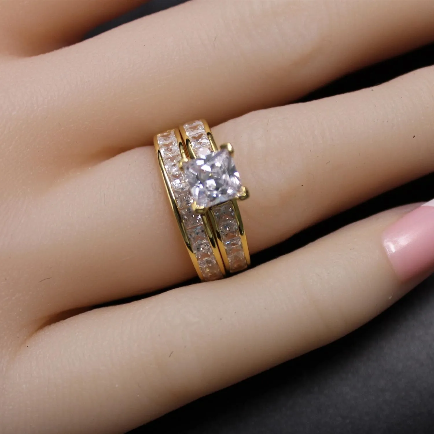 MABELLA Gold Plated Couples Ring Women Wedding Sets Sterling Silver Princess CZ Men Stainless Steel Bands