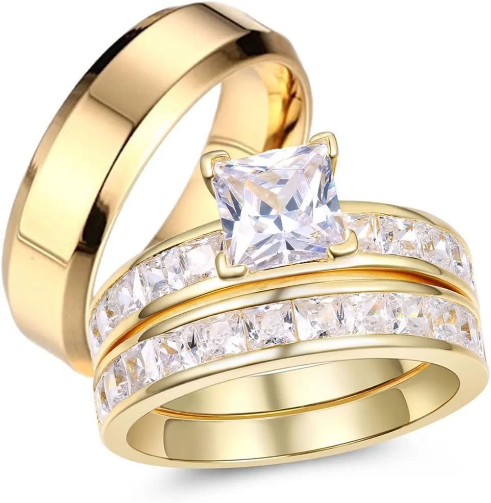 MABELLA Gold Plated Couples Ring Women Wedding Sets Sterling Silver Princess CZ Men Stainless Steel Bands
