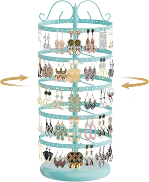 MODOWEY 5 Tiers Metal Rotating Earring Holder Organizer Stand Adjustable Display Tree, 220 Holes Large Carousel Rack for Stud Hoop Pierced Dangling Women Girls, Perfect View for All Earrings(Blue)