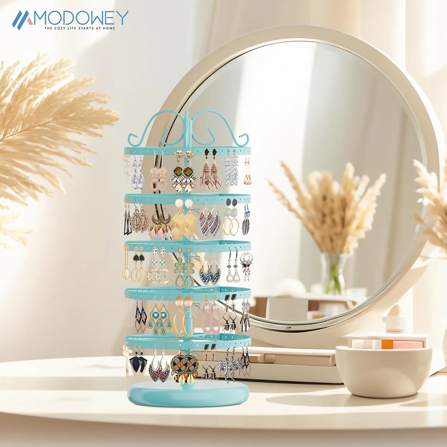MODOWEY 5 Tiers Metal Rotating Earring Holder Organizer Stand Adjustable Display Tree, 220 Holes Large Carousel Rack for Stud Hoop Pierced Dangling Women Girls, Perfect View for All Earrings(Blue)