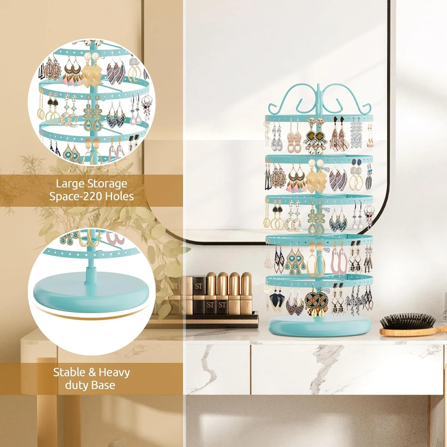 MODOWEY 5 Tiers Metal Rotating Earring Holder Organizer Stand Adjustable Display Tree, 220 Holes Large Carousel Rack for Stud Hoop Pierced Dangling Women Girls, Perfect View for All Earrings(Blue)