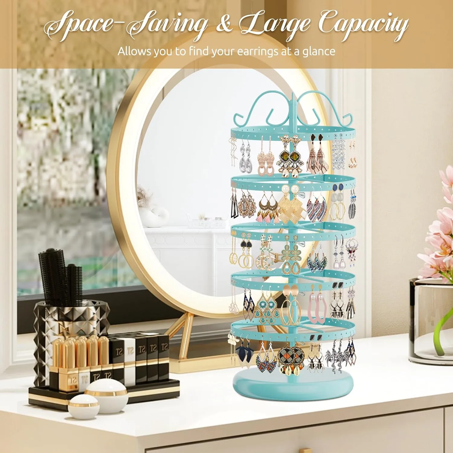 MODOWEY 5 Tiers Metal Rotating Earring Holder Organizer Stand Adjustable Display Tree, 220 Holes Large Carousel Rack for Stud Hoop Pierced Dangling Women Girls, Perfect View for All Earrings(Blue)