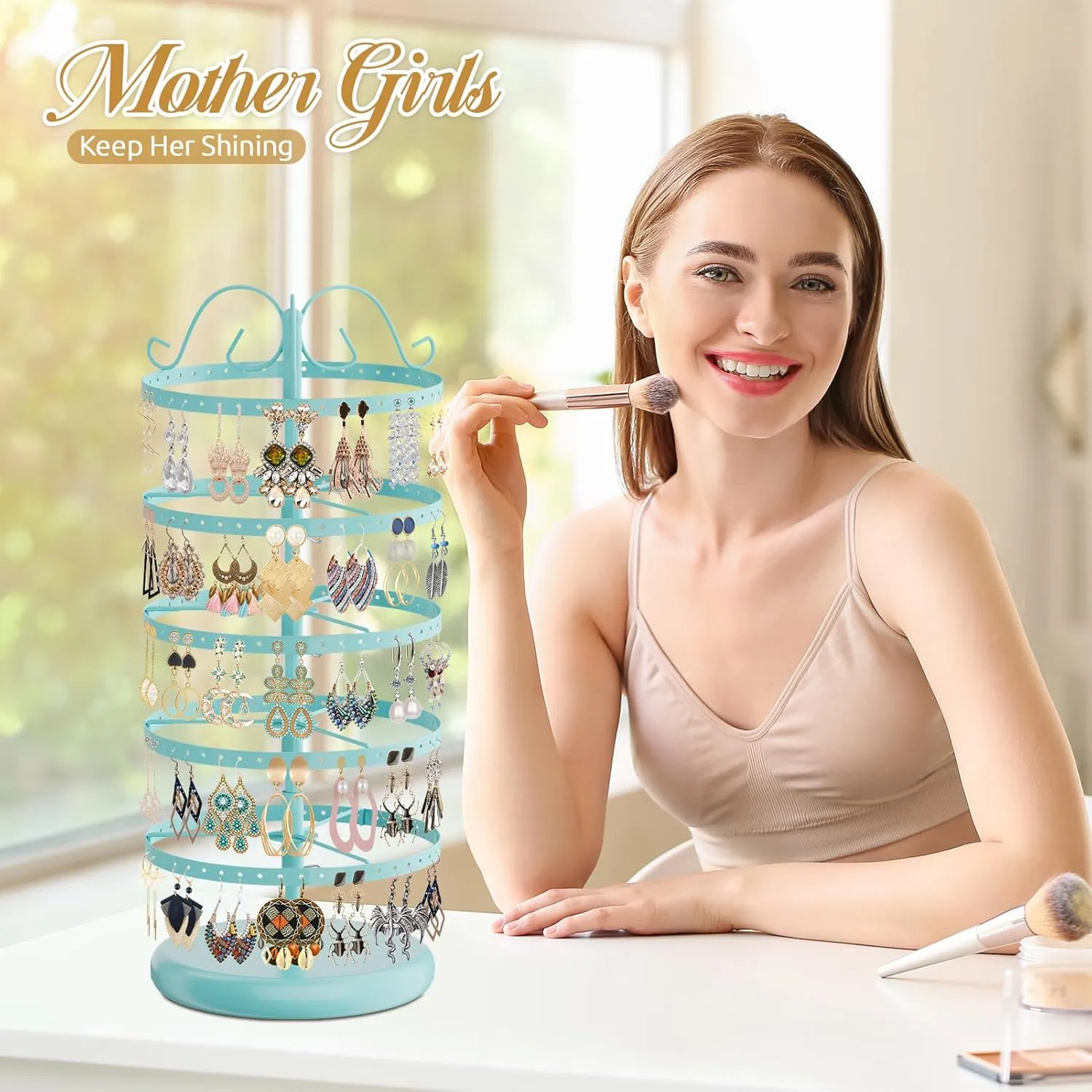 MODOWEY 5 Tiers Metal Rotating Earring Holder Organizer Stand Adjustable Display Tree, 220 Holes Large Carousel Rack for Stud Hoop Pierced Dangling Women Girls, Perfect View for All Earrings(Blue)