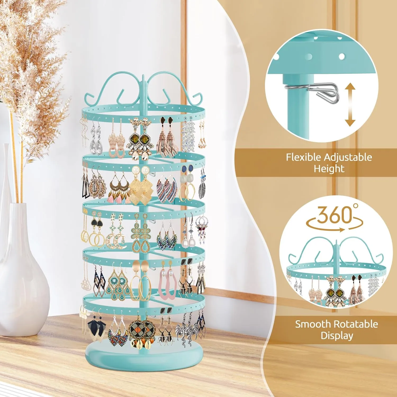 MODOWEY 5 Tiers Metal Rotating Earring Holder Organizer Stand Adjustable Display Tree, 220 Holes Large Carousel Rack for Stud Hoop Pierced Dangling Women Girls, Perfect View for All Earrings(Blue)