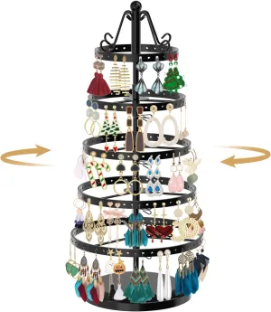 MODOWEY 5 Tiers Metal Rotating Earring Holder Organizer Tree Spinning Display Stand Rack for Women Girl, 220 Holes Adjustable Large Storage for Stud Dangle Hoop, Find Earrings Easily(Round, Black)