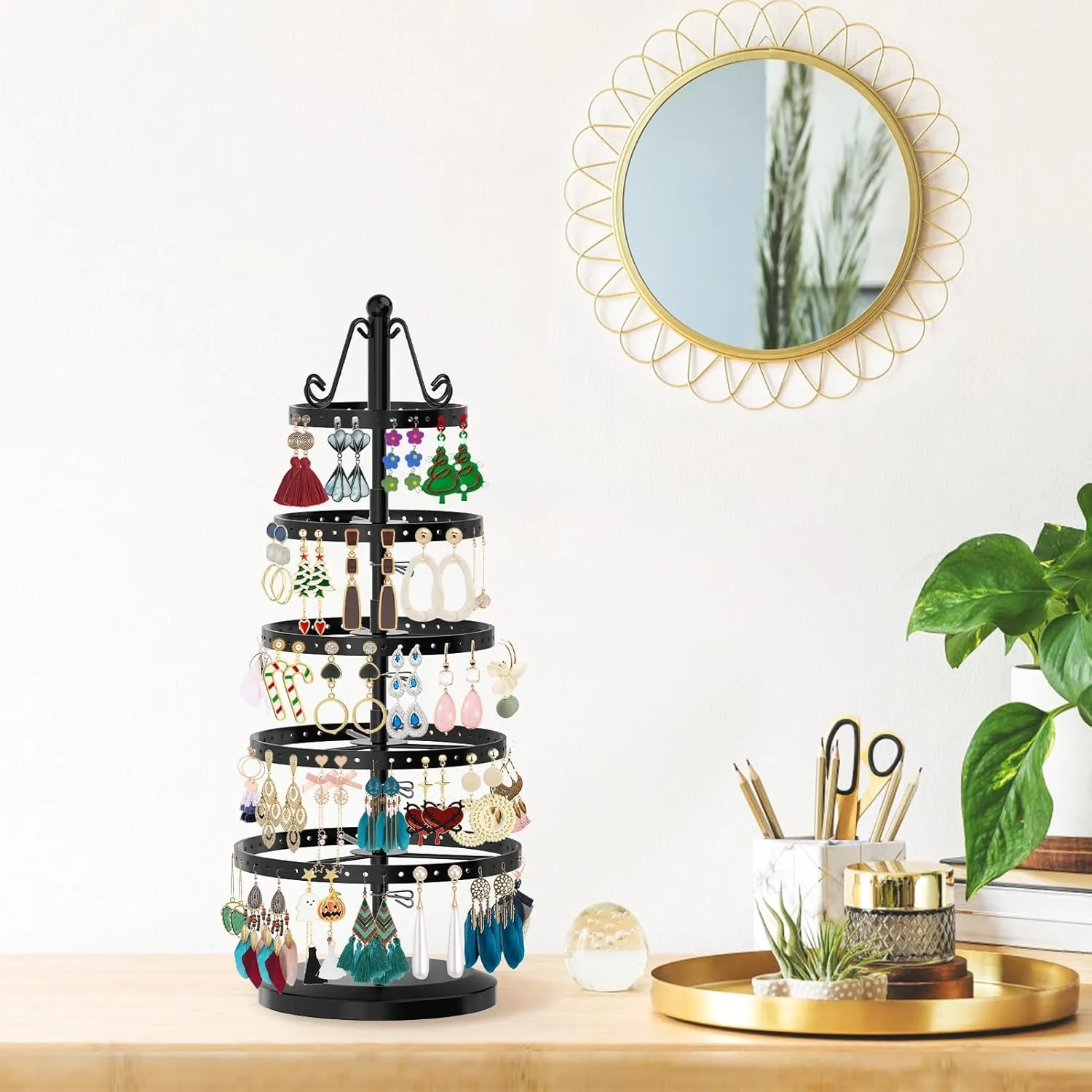MODOWEY 5 Tiers Metal Rotating Earring Holder Organizer Tree Spinning Display Stand Rack for Women Girl, 220 Holes Adjustable Large Storage for Stud Dangle Hoop, Find Earrings Easily(Round, Black)