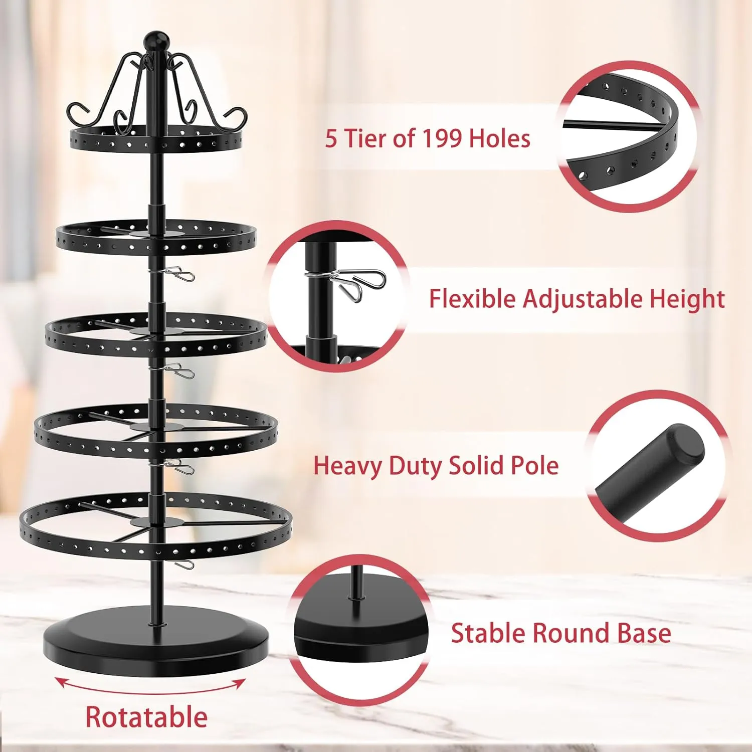 MODOWEY 5 Tiers Metal Rotating Earring Holder Organizer Tree Spinning Display Stand Rack for Women Girl, 220 Holes Adjustable Large Storage for Stud Dangle Hoop, Find Earrings Easily(Round, Black)
