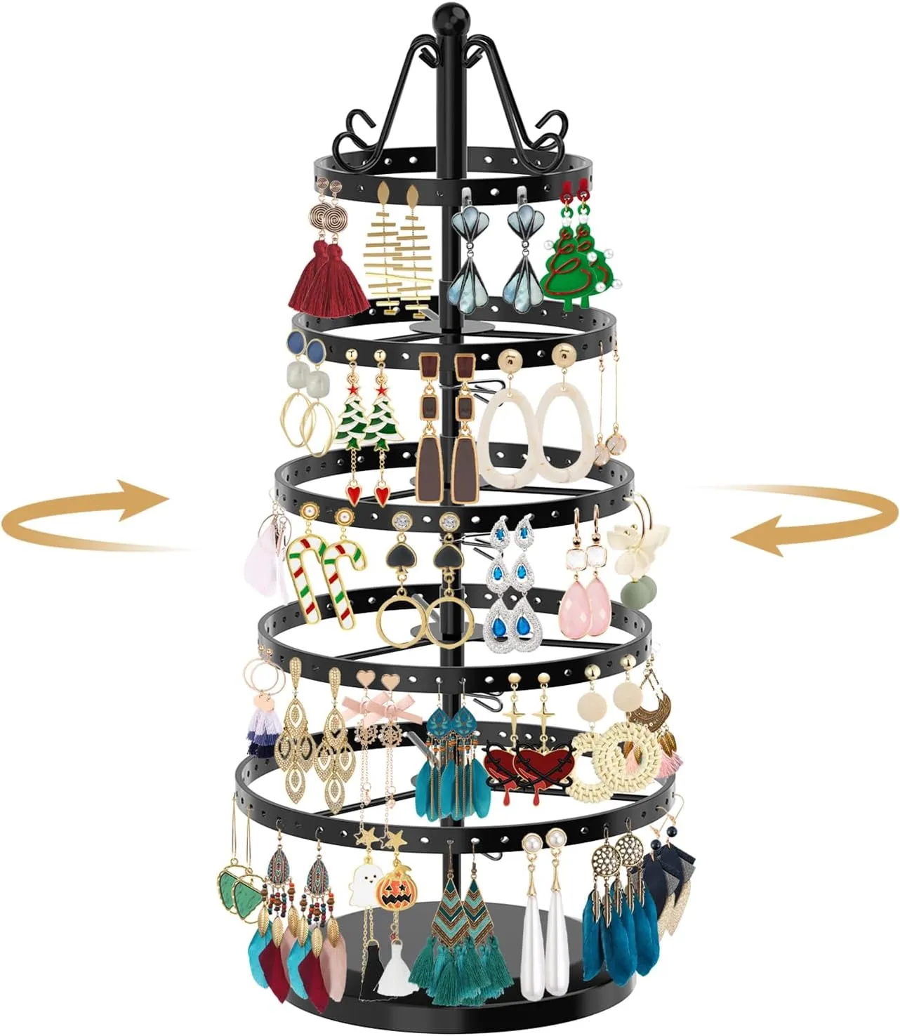 MODOWEY 5 Tiers Metal Rotating Earring Holder Organizer Tree Spinning Display Stand Rack for Women Girl, 220 Holes Adjustable Large Storage for Stud Dangle Hoop, Find Earrings Easily(Round, Black)