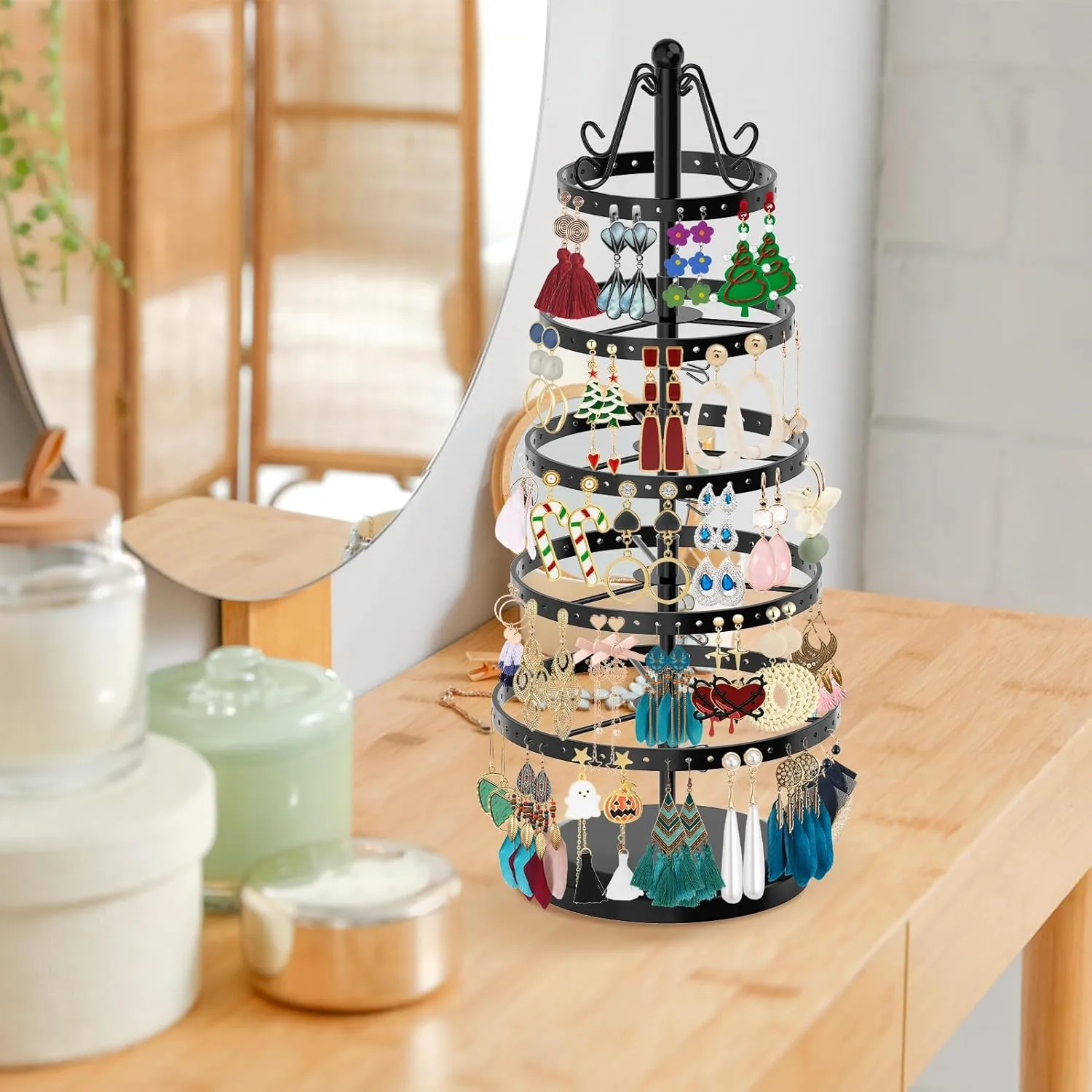 MODOWEY 5 Tiers Metal Rotating Earring Holder Organizer Tree Spinning Display Stand Rack for Women Girl, 220 Holes Adjustable Large Storage for Stud Dangle Hoop, Find Earrings Easily(Round, Black)