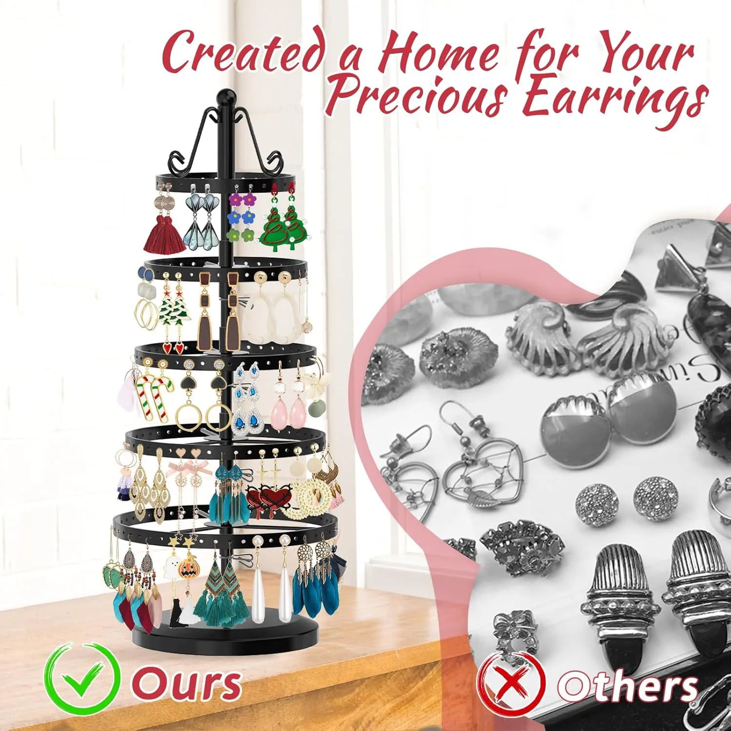 MODOWEY 5 Tiers Metal Rotating Earring Holder Organizer Tree Spinning Display Stand Rack for Women Girl, 220 Holes Adjustable Large Storage for Stud Dangle Hoop, Find Earrings Easily(Round, Black)