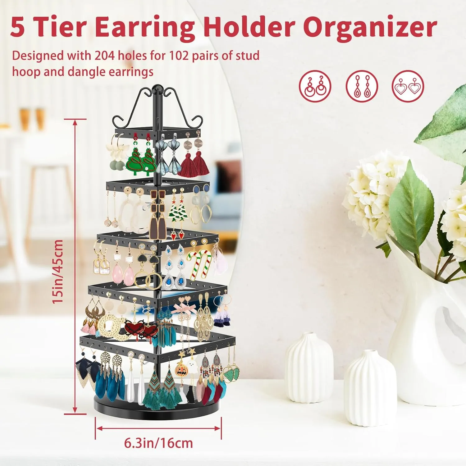 MODOWEY 5 Tiers Metal Rotating Earring Holder Organizer Tree Spinning Display Stand Rack for Women Girl, 220 Holes Adjustable Large Storage for Stud Dangle Hoop, Find Earrings Easily(Square, Black)