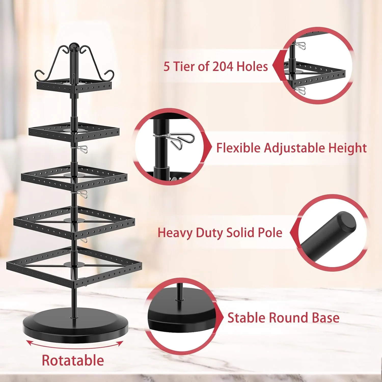 MODOWEY 5 Tiers Metal Rotating Earring Holder Organizer Tree Spinning Display Stand Rack for Women Girl, 220 Holes Adjustable Large Storage for Stud Dangle Hoop, Find Earrings Easily(Square, Black)