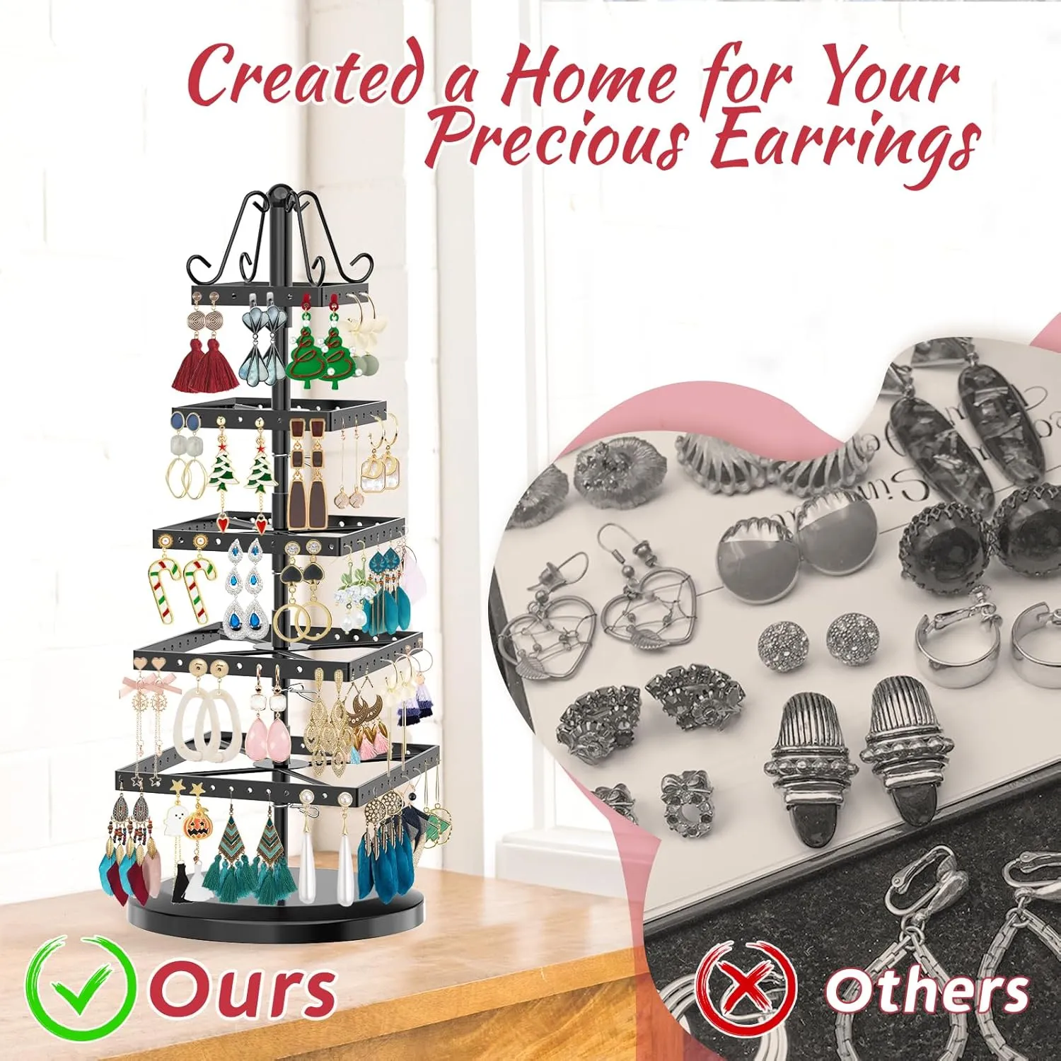 MODOWEY 5 Tiers Metal Rotating Earring Holder Organizer Tree Spinning Display Stand Rack for Women Girl, 220 Holes Adjustable Large Storage for Stud Dangle Hoop, Find Earrings Easily(Square, Black)