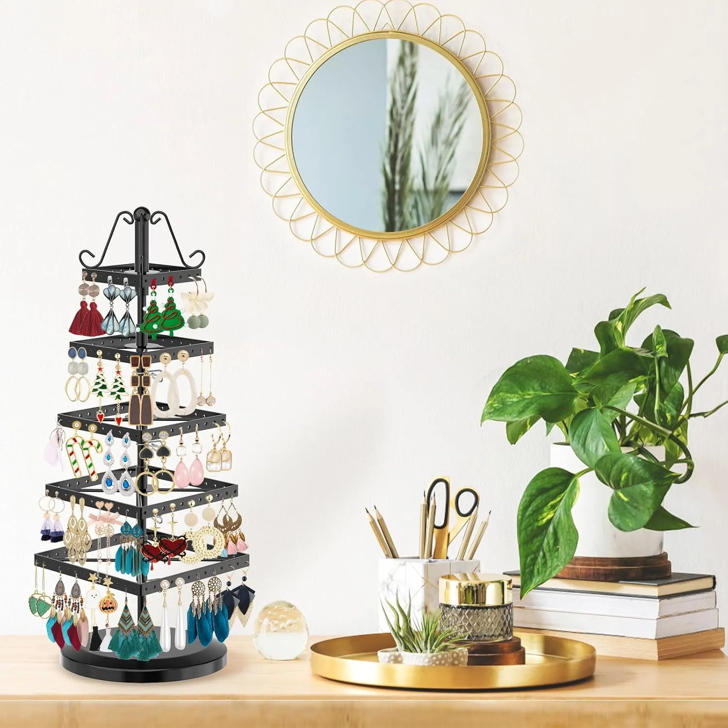 MODOWEY 5 Tiers Metal Rotating Earring Holder Organizer Tree Spinning Display Stand Rack for Women Girl, 220 Holes Adjustable Large Storage for Stud Dangle Hoop, Find Earrings Easily(Square, Black)