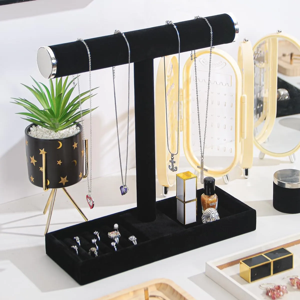 Multi-Use Jewelry Holder Stand, Necklace Bracelet Ring Organizer Stand, Scrunchie Watches Velvet Jewelry Holder Stand With Tray for Women Girls Home Use(Black with Lid)