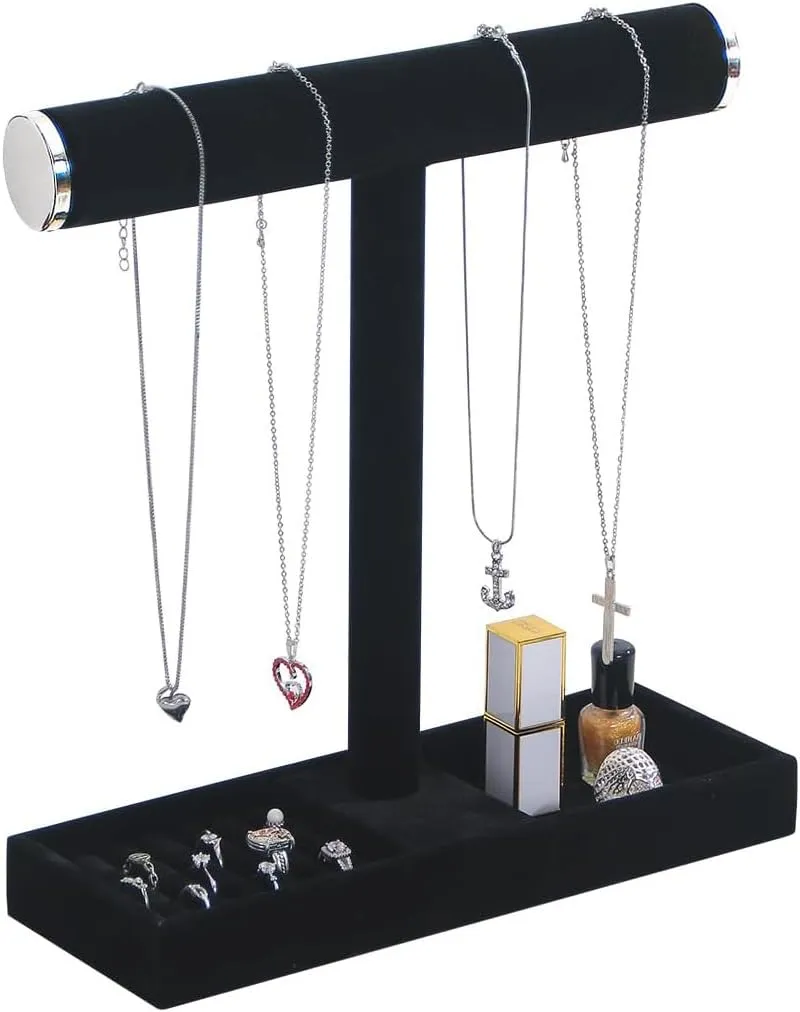 Multi-Use Jewelry Holder Stand, Necklace Bracelet Ring Organizer Stand, Scrunchie Watches Velvet Jewelry Holder Stand With Tray for Women Girls Home Use(Black with Lid)