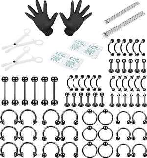 ORAZIO 84PCS Professional Piercing Kit Stainless Steel 14G 16G Belly Tongue Tragus Nipple Lip Nose Ring Body Jewelry