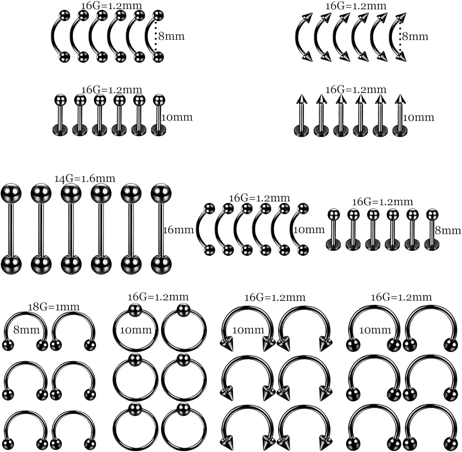 ORAZIO 84PCS Professional Piercing Kit Stainless Steel 14G 16G Belly Tongue Tragus Nipple Lip Nose Ring Body Jewelry