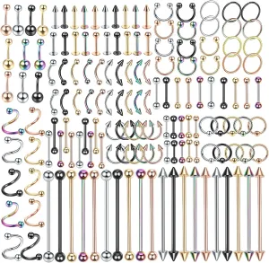 Oveta 55-150PCS Body Piercing Jewelry Lot 14G 16G 20G Stainless Steel Nose Lip Tongue Cartilage Tragus Eyebrow Industrial Barbell Belly Button Rings Piercing Kit Jewelry