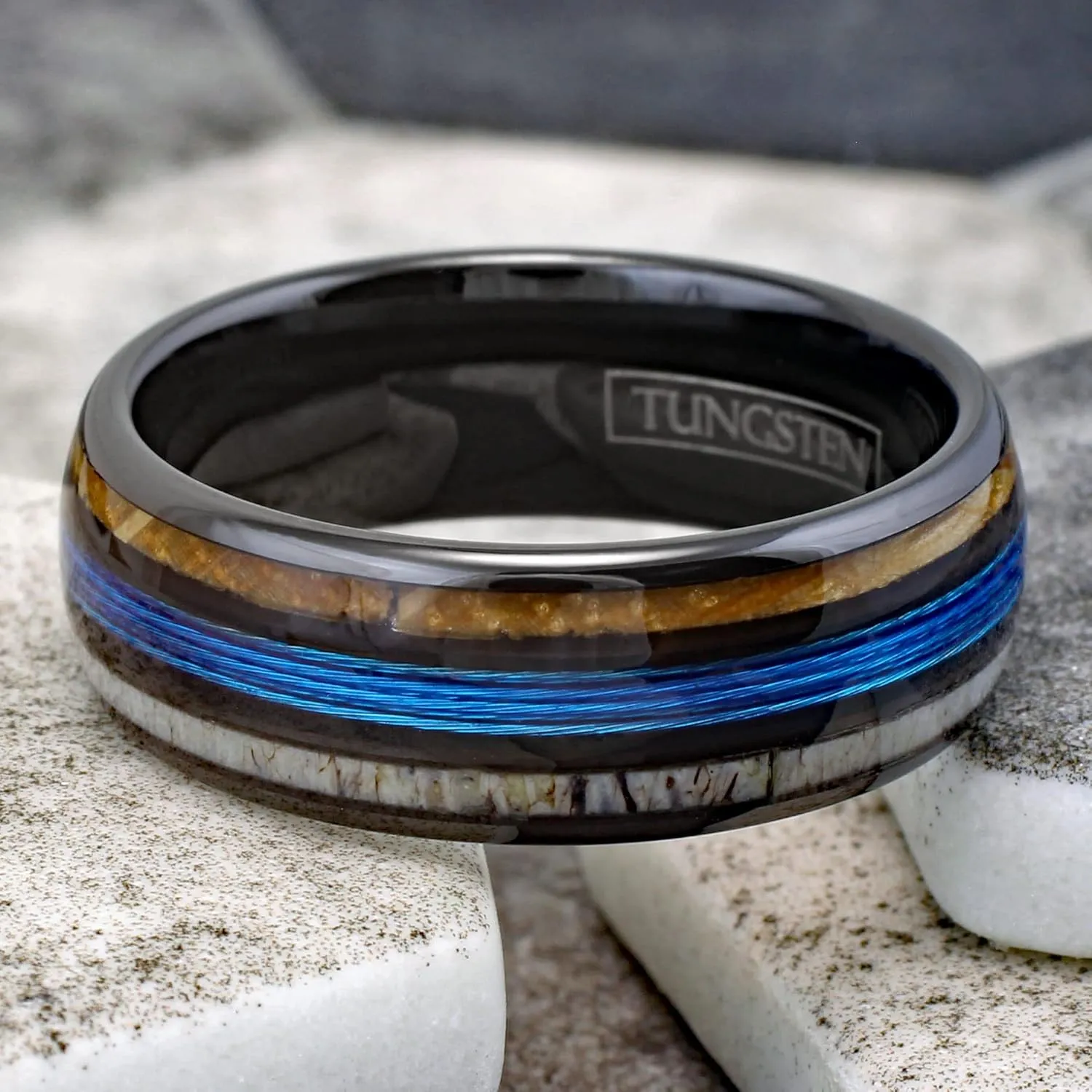 Personalized Engraved 6mm/8mm Polished Black Tungsten Carbide Low Dome Band Ring with Fishing Line Between Whiskey Barrel Oak Wood and Deer Antler Inlays.