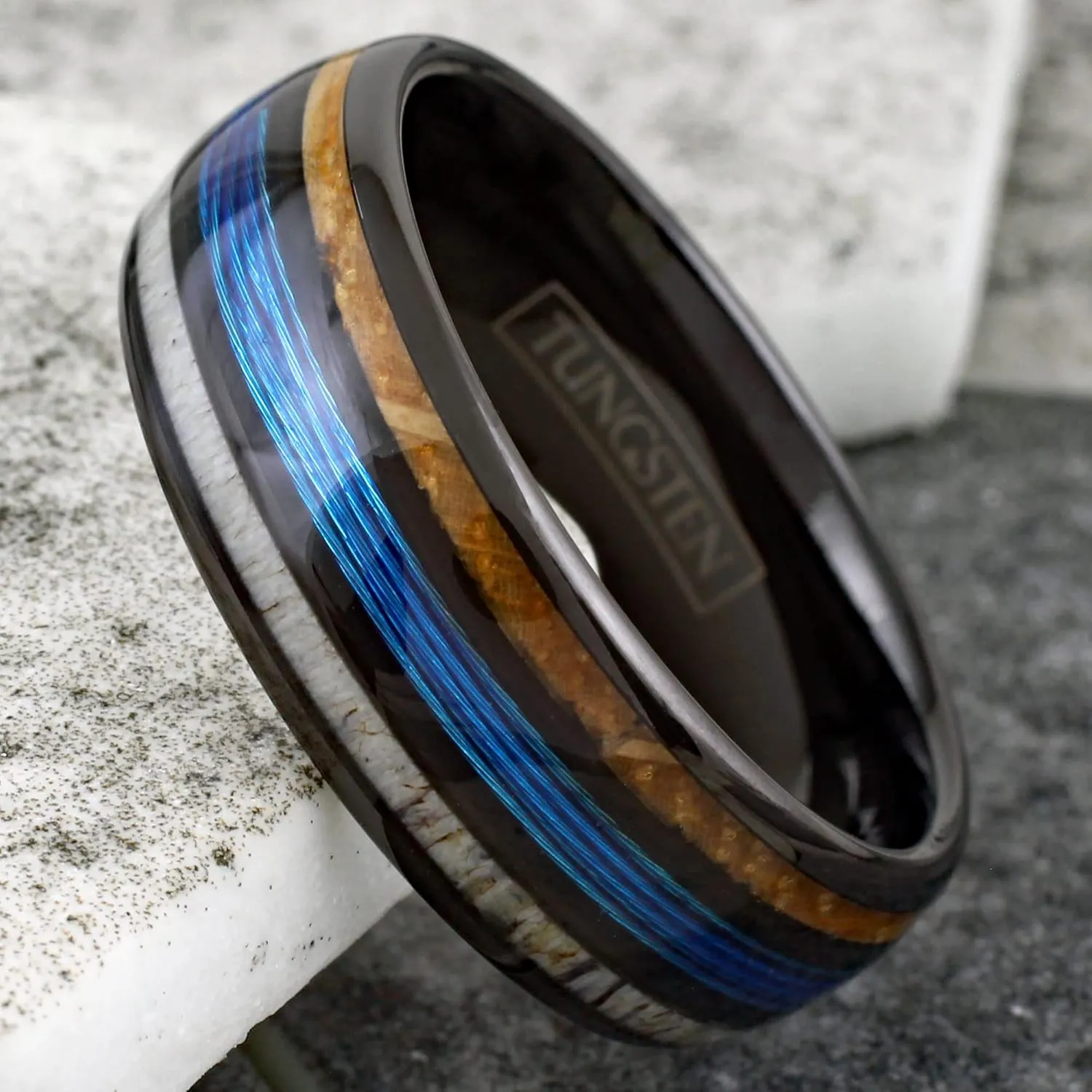 Personalized Engraved 6mm/8mm Polished Black Tungsten Carbide Low Dome Band Ring with Fishing Line Between Whiskey Barrel Oak Wood and Deer Antler Inlays.