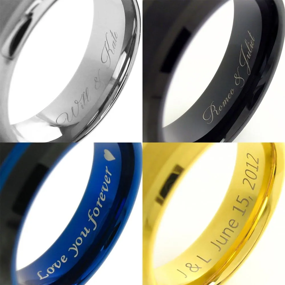 Personalized Engraved 6mm/8mm Polished Black Tungsten Carbide Low Dome Band Ring with Fishing Line Between Whiskey Barrel Oak Wood and Deer Antler Inlays.