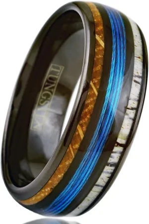 Personalized Engraved 6mm/8mm Polished Black Tungsten Carbide Low Dome Band Ring with Fishing Line Between Whiskey Barrel Oak Wood and Deer Antler Inlays.