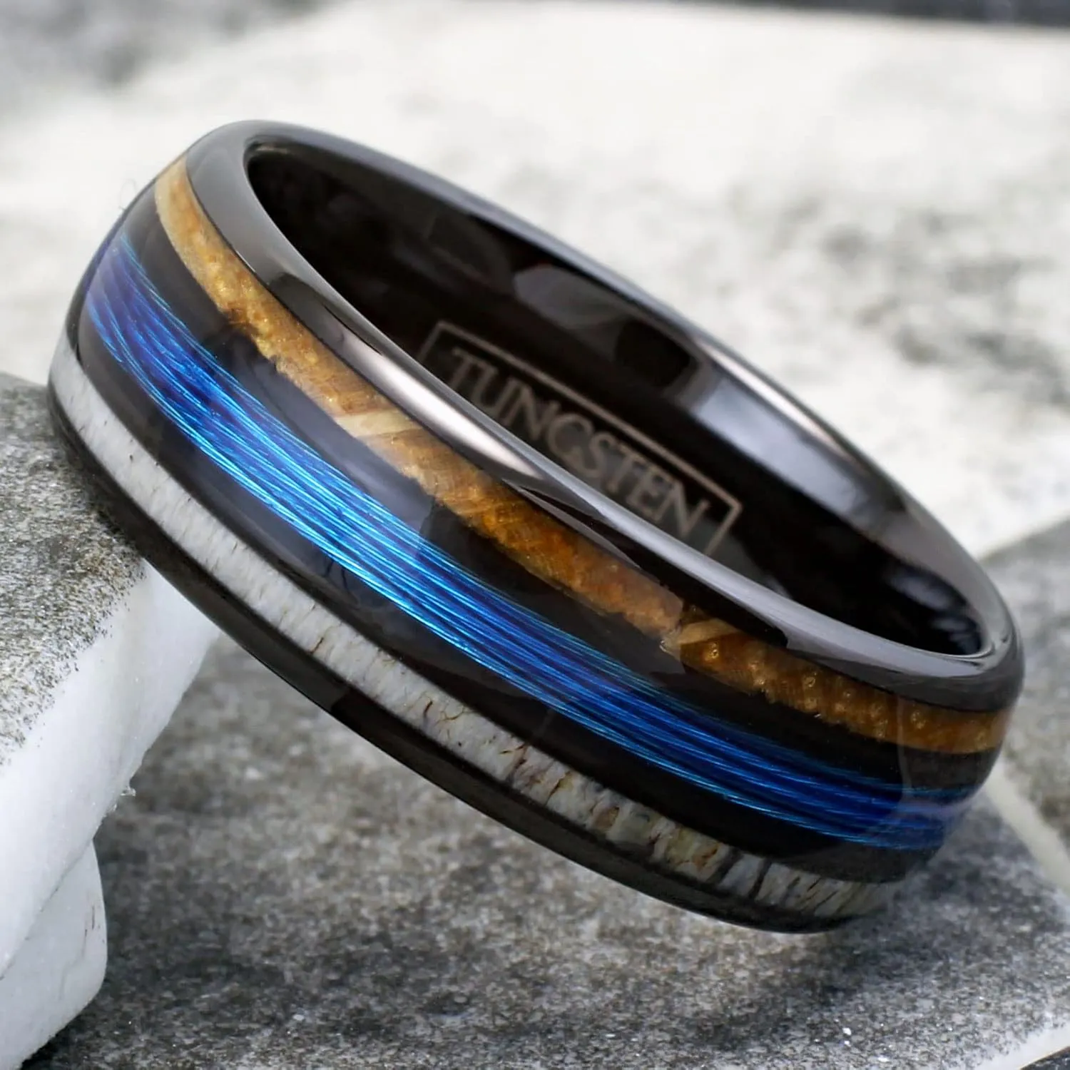 Personalized Engraved 6mm/8mm Polished Black Tungsten Carbide Low Dome Band Ring with Fishing Line Between Whiskey Barrel Oak Wood and Deer Antler Inlays.