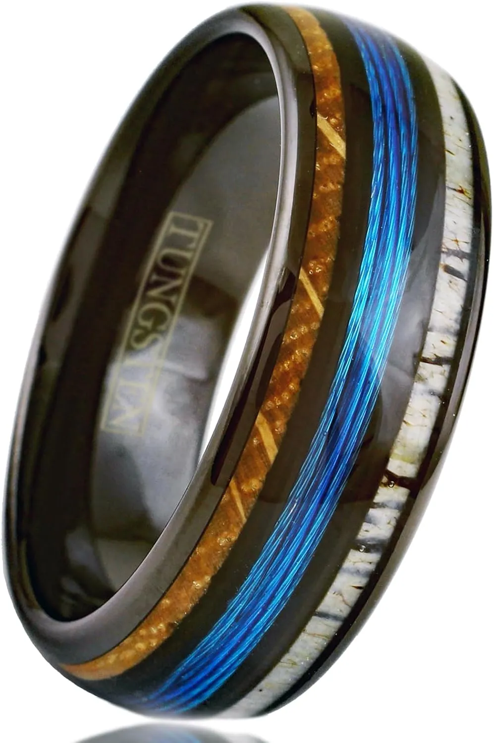 Personalized Engraved 6mm/8mm Polished Black Tungsten Carbide Low Dome Band Ring with Fishing Line Between Whiskey Barrel Oak Wood and Deer Antler Inlays.