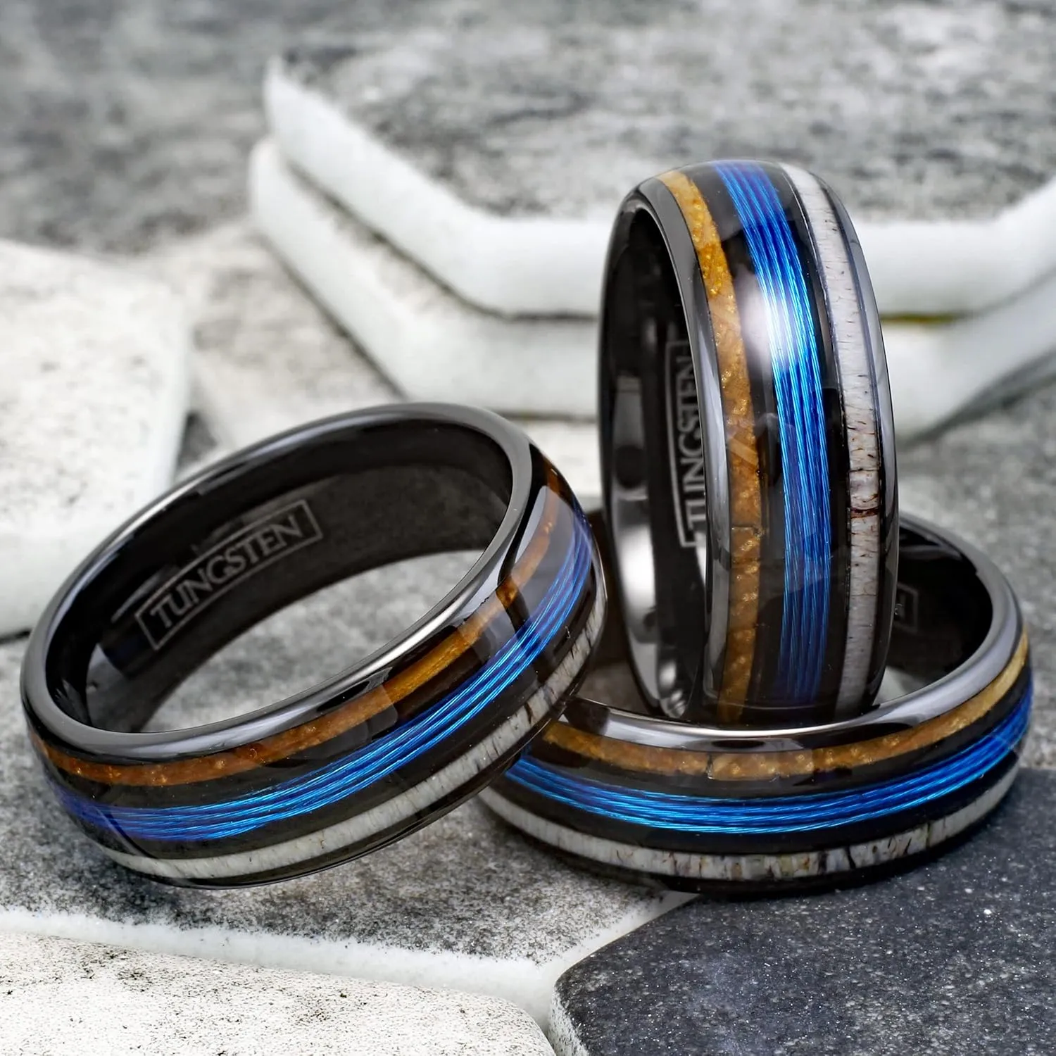 Personalized Engraved 6mm/8mm Polished Black Tungsten Carbide Low Dome Band Ring with Fishing Line Between Whiskey Barrel Oak Wood and Deer Antler Inlays.
