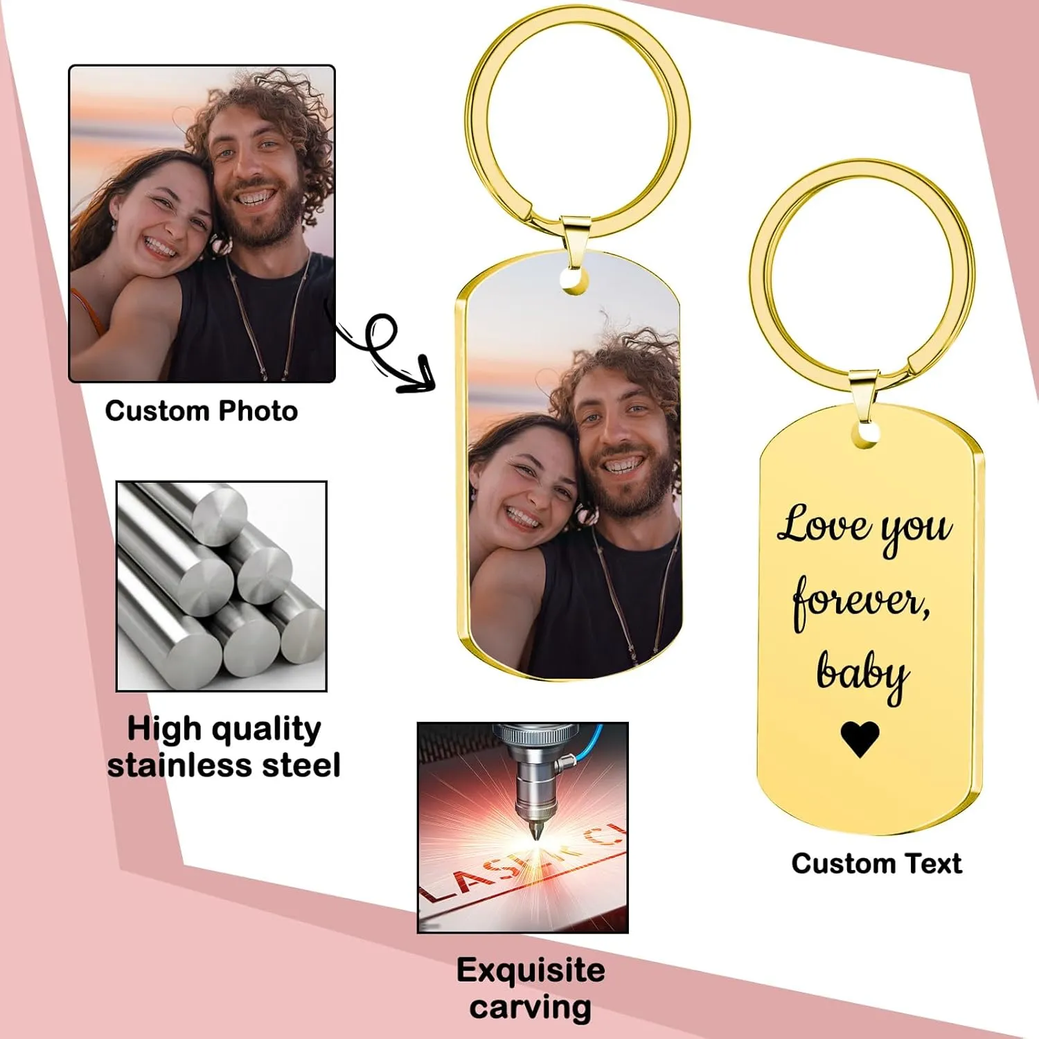 Personalized Picture Keychain - Customized Engraved Keychains with Photo Text, Personalized Gifts for Men Women Lovers