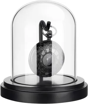 PH PandaHall 3x4 inch Pocket Watch Display Case Watch Glass Display Dome Cloche, Black Dome Cloche Wooden Base with Metal Hook for Pocket Watch Medals Collectibles Photos Ornaments