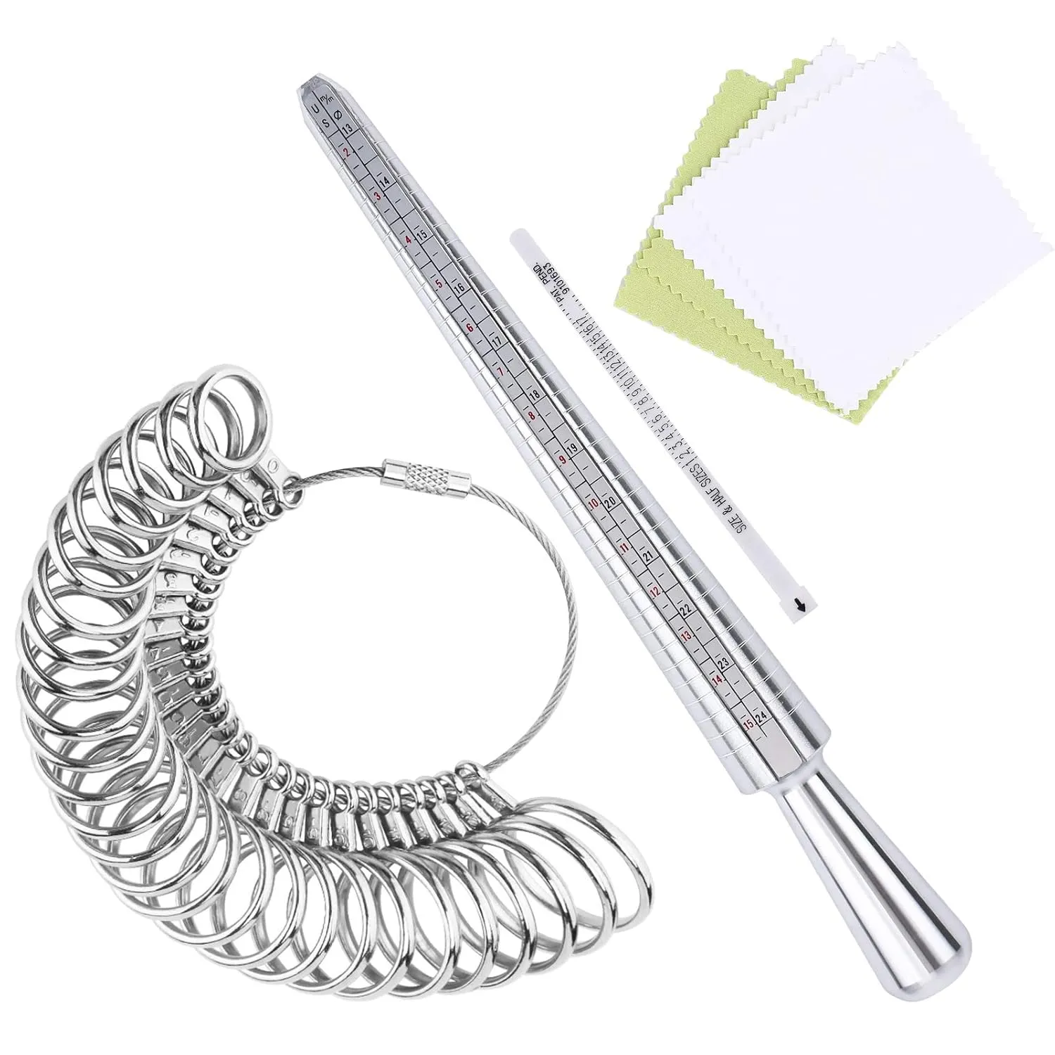 Ring Sizer Measuring Tool Set | 4-Size Aluminum Ring Mandrel, 27 PCS Metal Ring Measurement Tool, Gauge & Polishing Cloth, US Jewelry Sizing Kit for Women & Men