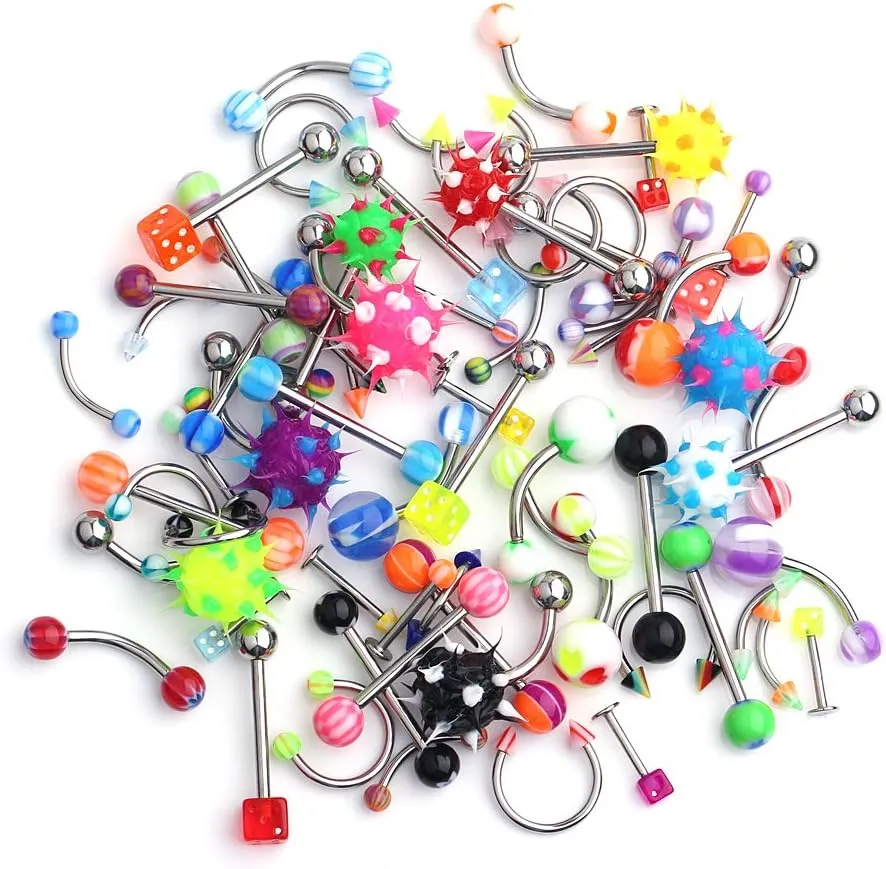 Ruifan 70PCS Body Piercing Jewelry Kit Set for Nose Septum Horseshoe Earring Eyebrow Tongue Nipple Lip Belly Button Ring Stud 14G 16G