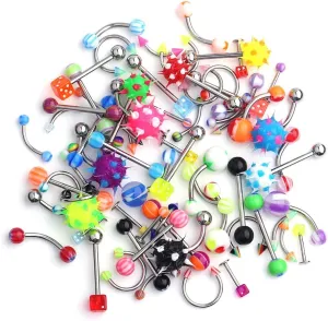 Ruifan 70PCS Body Piercing Jewelry Kit Set for Nose Septum Horseshoe Earring Eyebrow Tongue Nipple Lip Belly Button Ring Stud 14G 16G