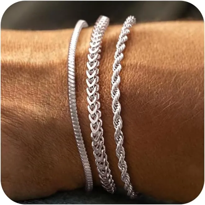 Silver Bracelet for Men, Dainty Mens Silver Bracelet Non Tanish Simple Sterling Silver Bracelets for Men Cuban Snake Rope Link Chain Bracelet Stainless Steel Mens Jewelry 6.5/7/7.5/8/8.5/9 Inch