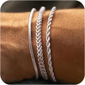 Silver Bracelet for Men, Dainty Mens Silver Bracelet Non Tanish Simple Sterling Silver Bracelets for Men Cuban Snake Rope Link Chain Bracelet Stainless Steel Mens Jewelry 6.5/7/7.5/8/8.5/9 Inch