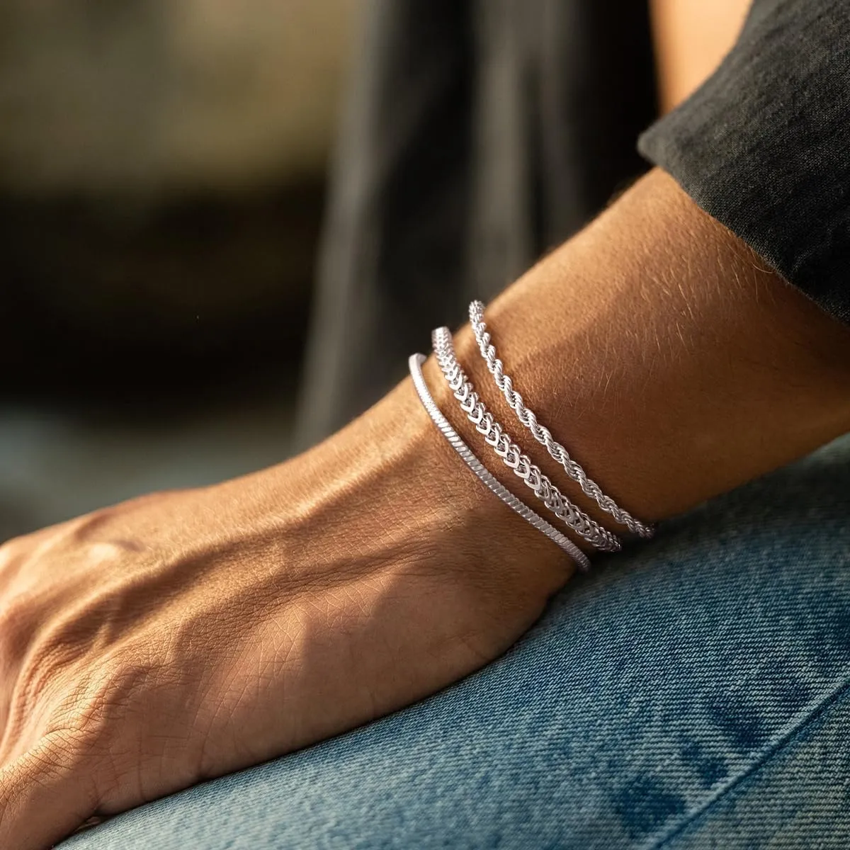 Silver Bracelet for Men, Dainty Mens Silver Bracelet Non Tanish Simple Sterling Silver Bracelets for Men Cuban Snake Rope Link Chain Bracelet Stainless Steel Mens Jewelry 6.5/7/7.5/8/8.5/9 Inch