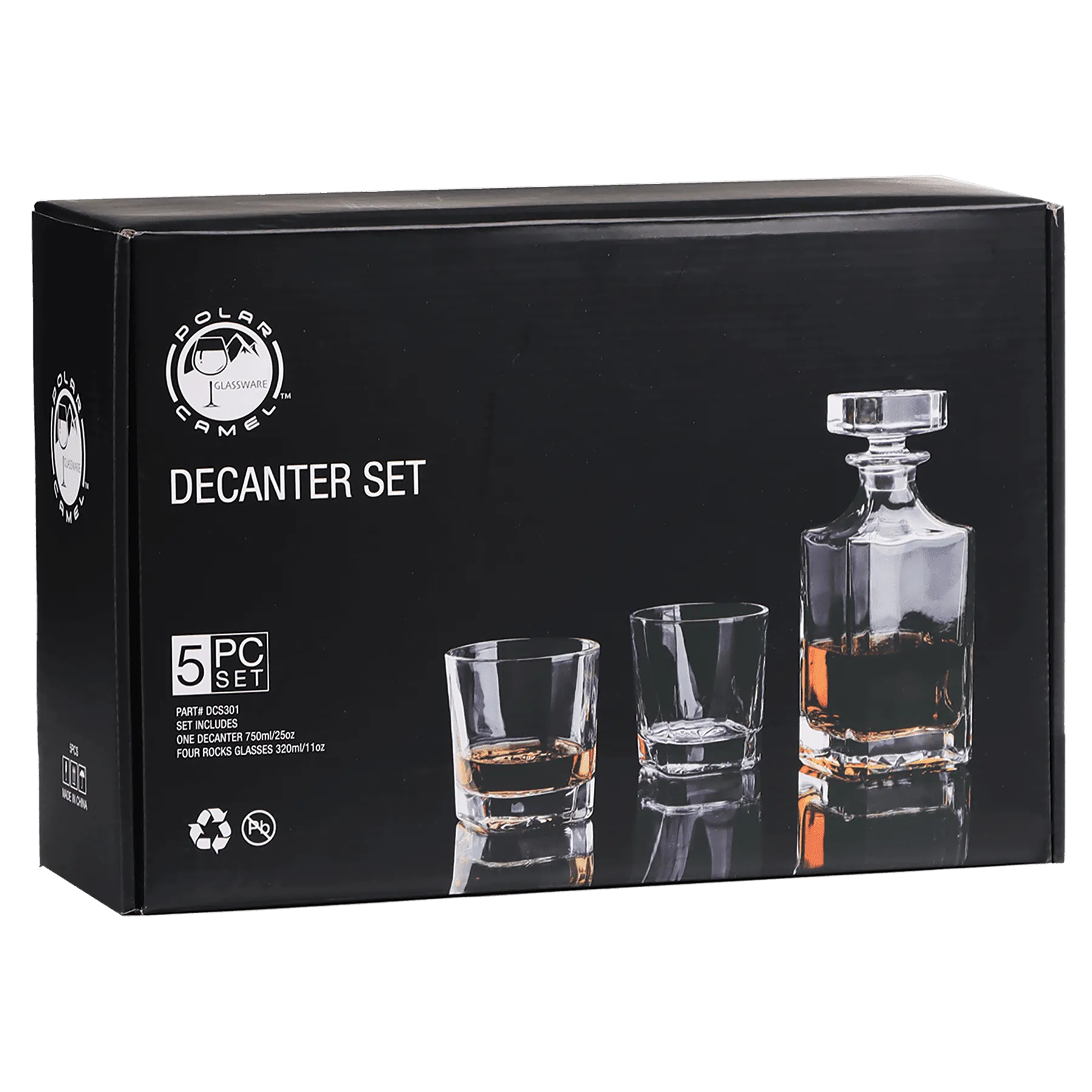Square Glass Whiskey Decanter Set with Four 11 oz Rocks Glasses in Gift Box