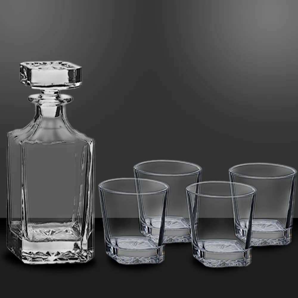 Square Glass Whiskey Decanter Set with Four 11 oz Rocks Glasses in Gift Box