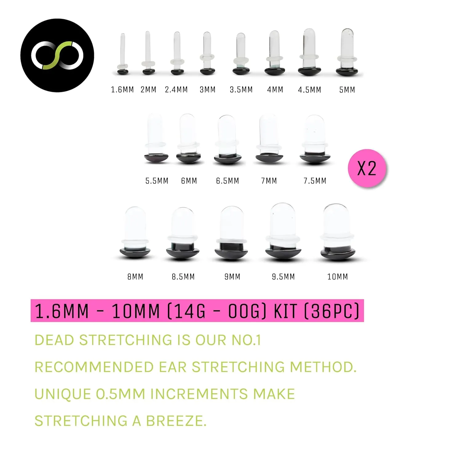 Stretch It - Black Glass Ear Stretching Kit, Glass Gauges for Ears, Stretching Kit for Beginners, Professional Plugs, Pain-Free, Gradual Increments (2 x 1.6mm - 10mm) (14g - 00g) (36pc)