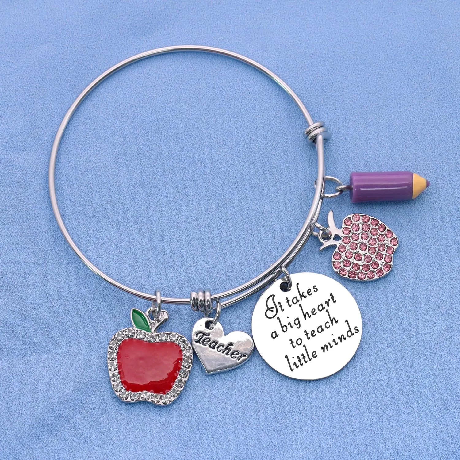 Teacher Appreciation Bangle Gifts For Women,Thank You Silver Pendant Bracelet Expendable Dangle Bangle Set For Women Teacher Birthday Teacher's Day Silver Jewelry