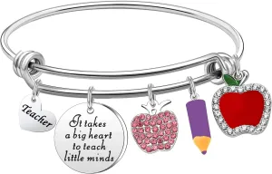 Teacher Appreciation Bangle Gifts For Women,Thank You Silver Pendant Bracelet Expendable Dangle Bangle Set For Women Teacher Birthday Teacher's Day Silver Jewelry