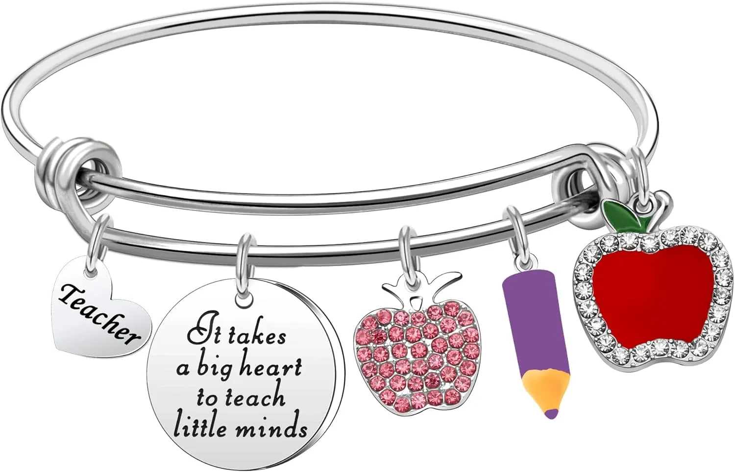 Teacher Appreciation Bangle Gifts For Women,Thank You Silver Pendant Bracelet Expendable Dangle Bangle Set For Women Teacher Birthday Teacher's Day Silver Jewelry