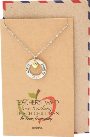 Teacher Necklace, Two-Tone Apple Jewelry, Apple Necklace for Teacher, Teachers Appreciation Gifts Motivational Charm, Teach Love Inspire Necklace and Thank You cards