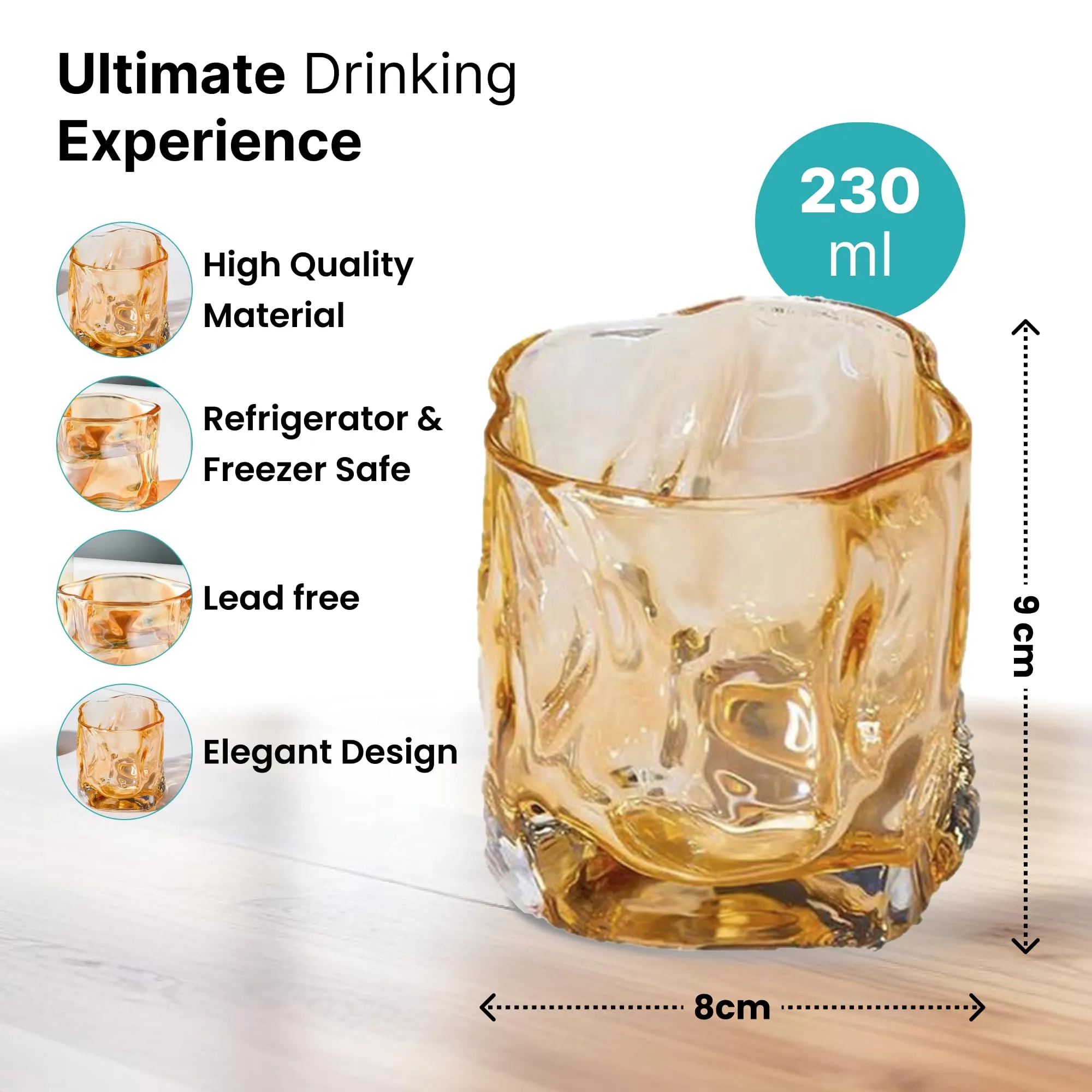 The Better Home Zest Juice Glasses Set of 6 (230ml Each) | Water Glasses | Cold Drink Glass | Lead Free Drinking Glasses | Kitchen Gift Items | Kaanch Ke Glass | Housewarming Gifts (Amber)