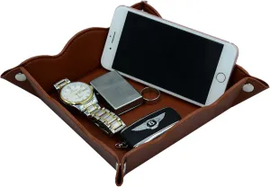 Travel Valet Jewelry Organizer Tray for Men, Leather Portable Collapsible Wallet Phone Desk Storage Tray (Dark Brown)